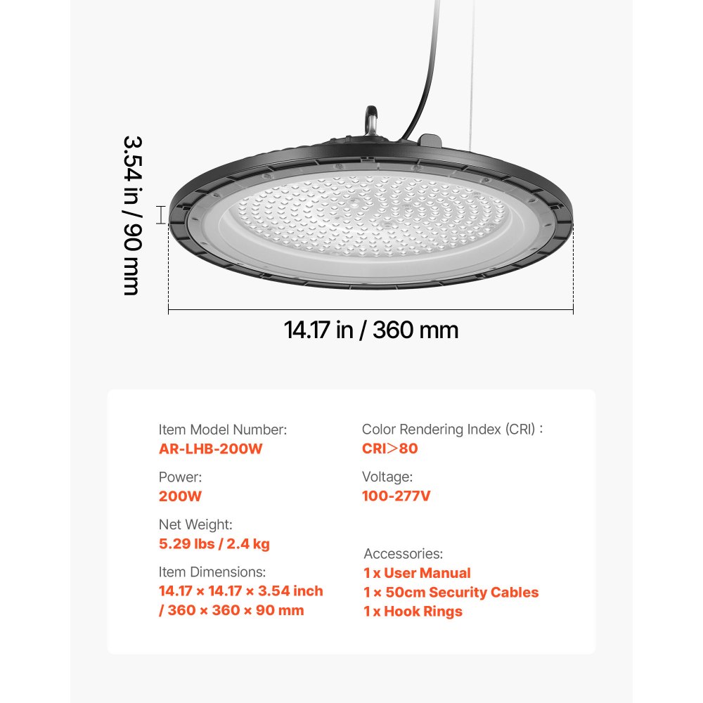 VEVOR 10 Pack LED High Bay Lights, 5000K 200W 30000LM Super Bright UFO LED Warehouse Shop Lights, IP65 Waterproof, 100-277V Wide Voltage for Warehouse Workshop Factory Gym Garage Barn, Black