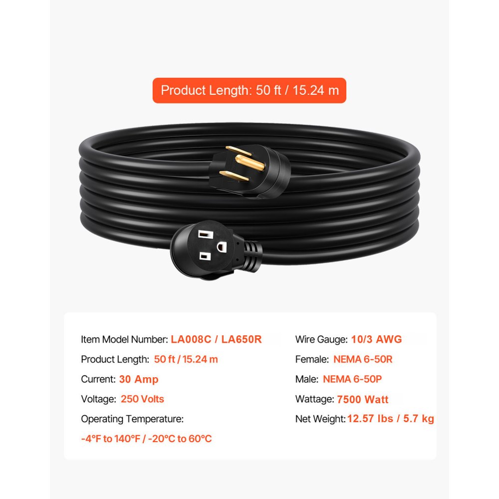 VEVOR Welder Extension Cord, 30 Amp 50 ft, Extension Cord for Portable Welders, NEMA 6-50P, 10/3 AWG, 250V, 7500W Heavy Duty Pure Copper Welder Cable, for Outdoor MIG TIG Plasma, STW Weather-proof