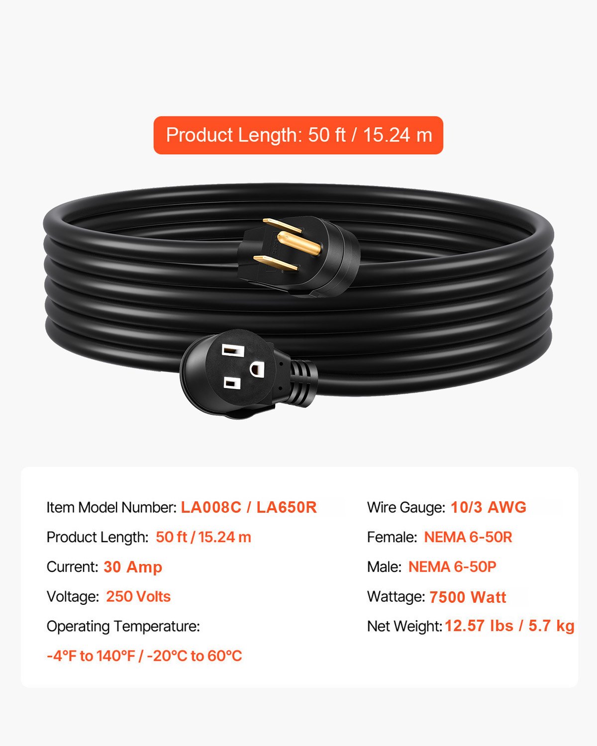 VEVOR Welder Extension Cord, 30 Amp 50 ft, Extension Cord for Portable Welders, NEMA 6-50P, 10/3 AWG, 250V, 7500W Heavy Duty Pure Copper Welder Cable, for Outdoor MIG TIG Plasma, STW Weather-proof