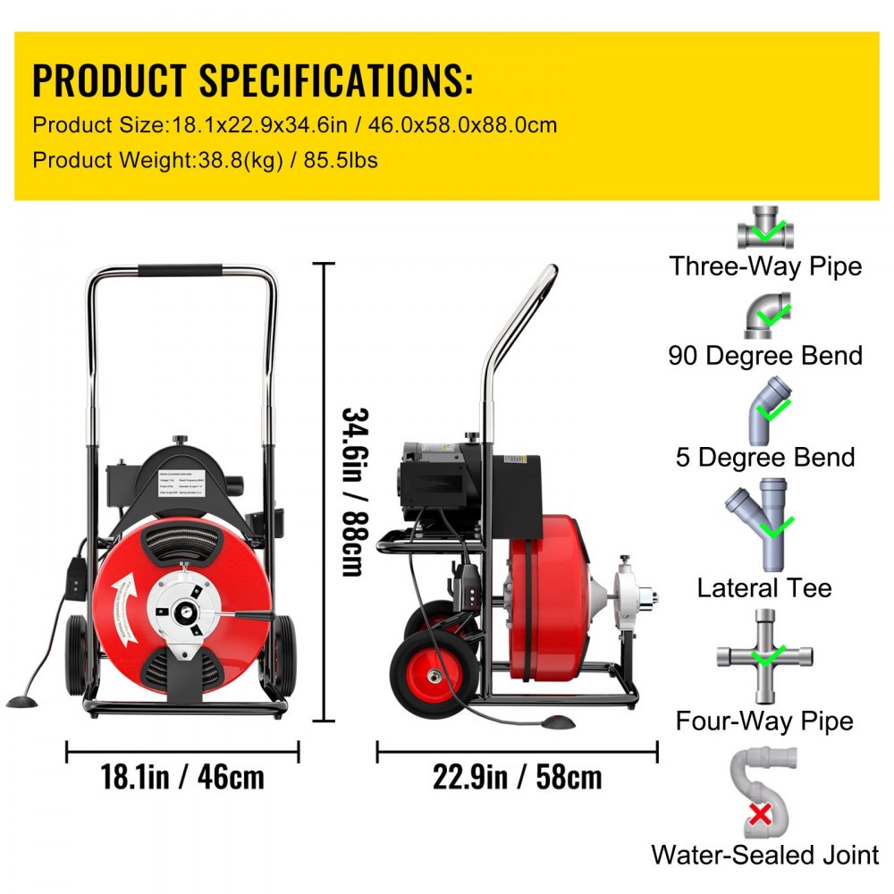 VEVOR 50FT x 1/2 Inch Electric Drain Auger Auto Feed 250W fit 2" to 4" Pipes Portable Sewer Snake Drill, with 2 Sets of Cutters and Foot Switch, Red