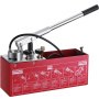 red VEVOR hydraulic pressure test pump with silver handle and black gauge.