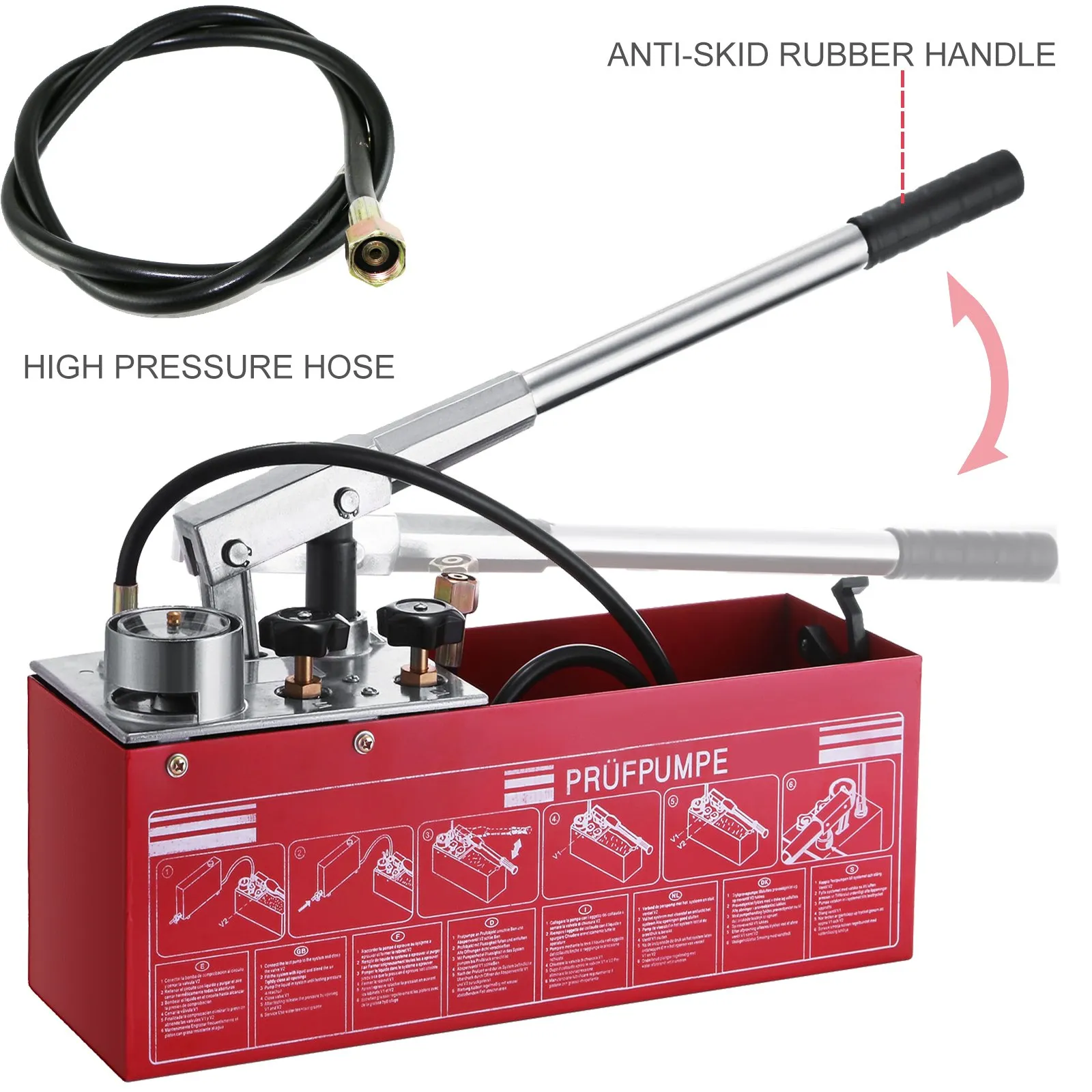 VEVOR hydraulic pressure test pump with high pressure hose and anti-skid rubber handle.