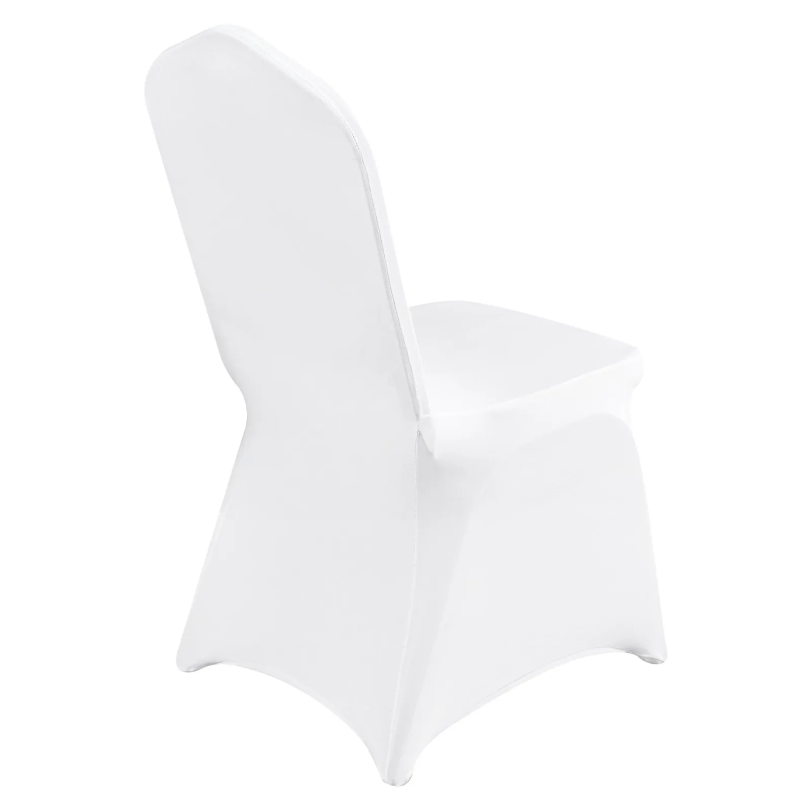 white VEVOR chair cover on a banquet chair, showcasing a sleek, fitted design.