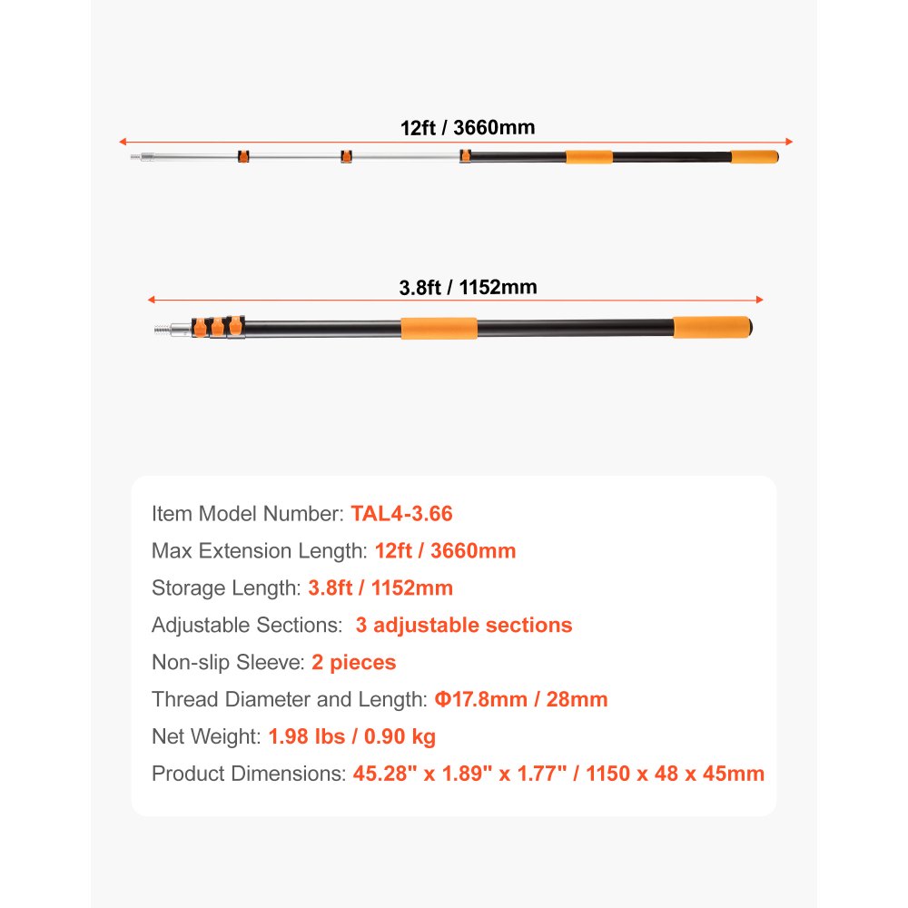 VEVOR Telescopic Extension Pole, 3.8-12 FT Multi-Purpose Extendable Pole, Sturdy Aluminum Alloy Paint Pole Extension with Flip-Lock Design, High Reach Roller Stick for Painting, Dusting and Cleaning