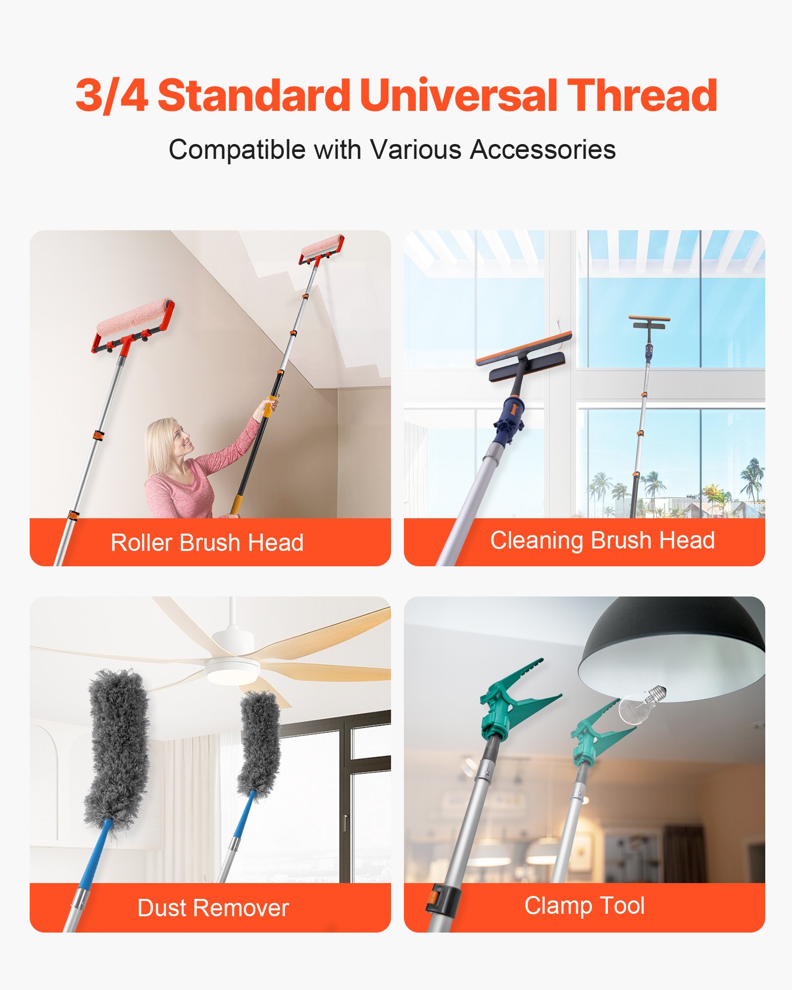 VEVOR Telescopic Extension Pole, 3.8-12 FT Multi-Purpose Extendable Pole, Sturdy Aluminum Alloy Paint Pole Extension with Flip-Lock Design, High Reach Roller Stick for Painting, Dusting and Cleaning