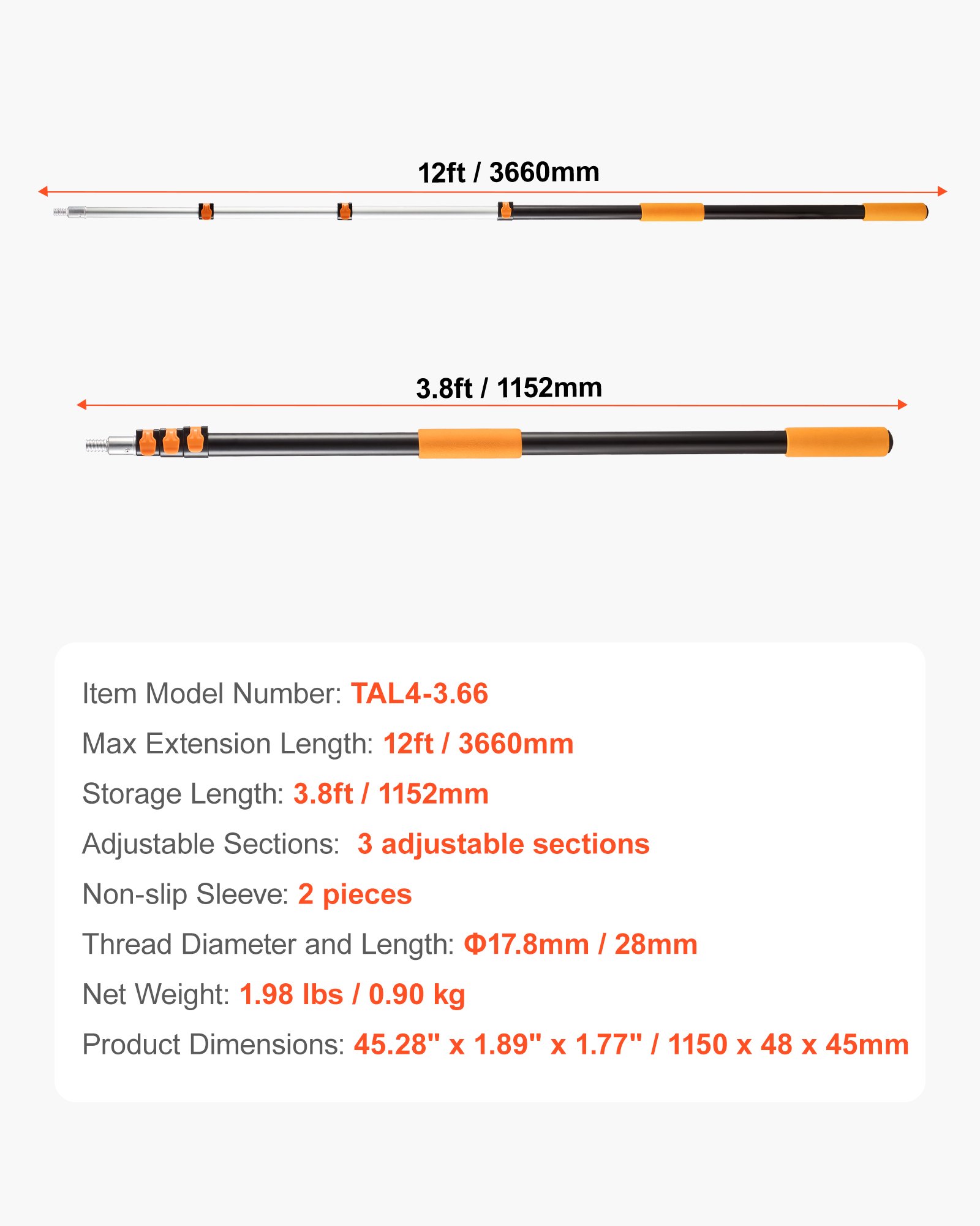 VEVOR Telescopic Extension Pole, 3.8-12 FT Multi-Purpose Extendable Pole, Sturdy Aluminum Alloy Paint Pole Extension with Flip-Lock Design, High Reach Roller Stick for Painting, Dusting and Cleaning