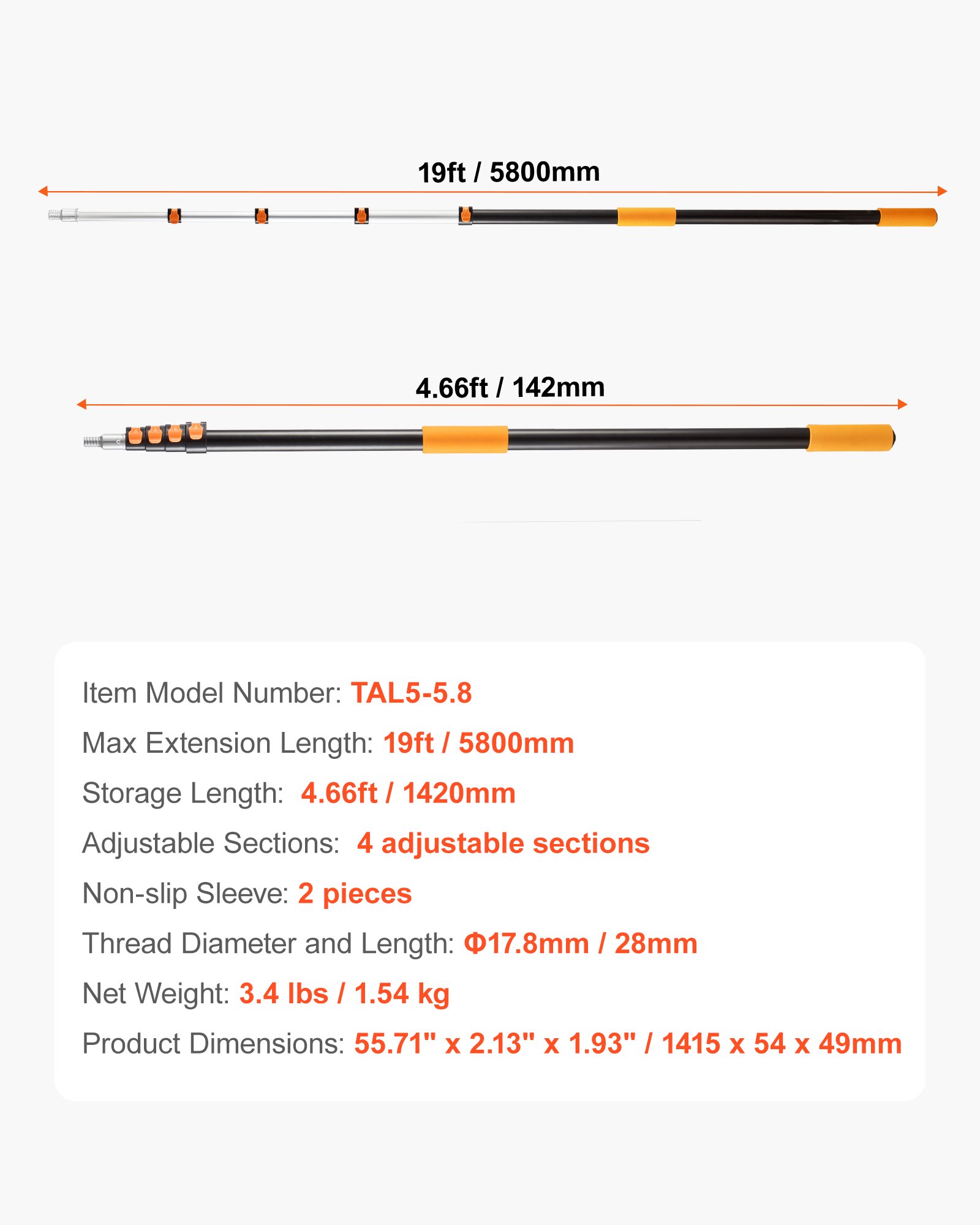 VEVOR Telescopic Extension Pole, 4.66-19 FT Multi-Purpose Extendable Pole, Sturdy Aluminum Alloy Paint Pole Extension with Flip-Lock Design, High Reach Roller Stick for Painting, Dusting and Cleaning