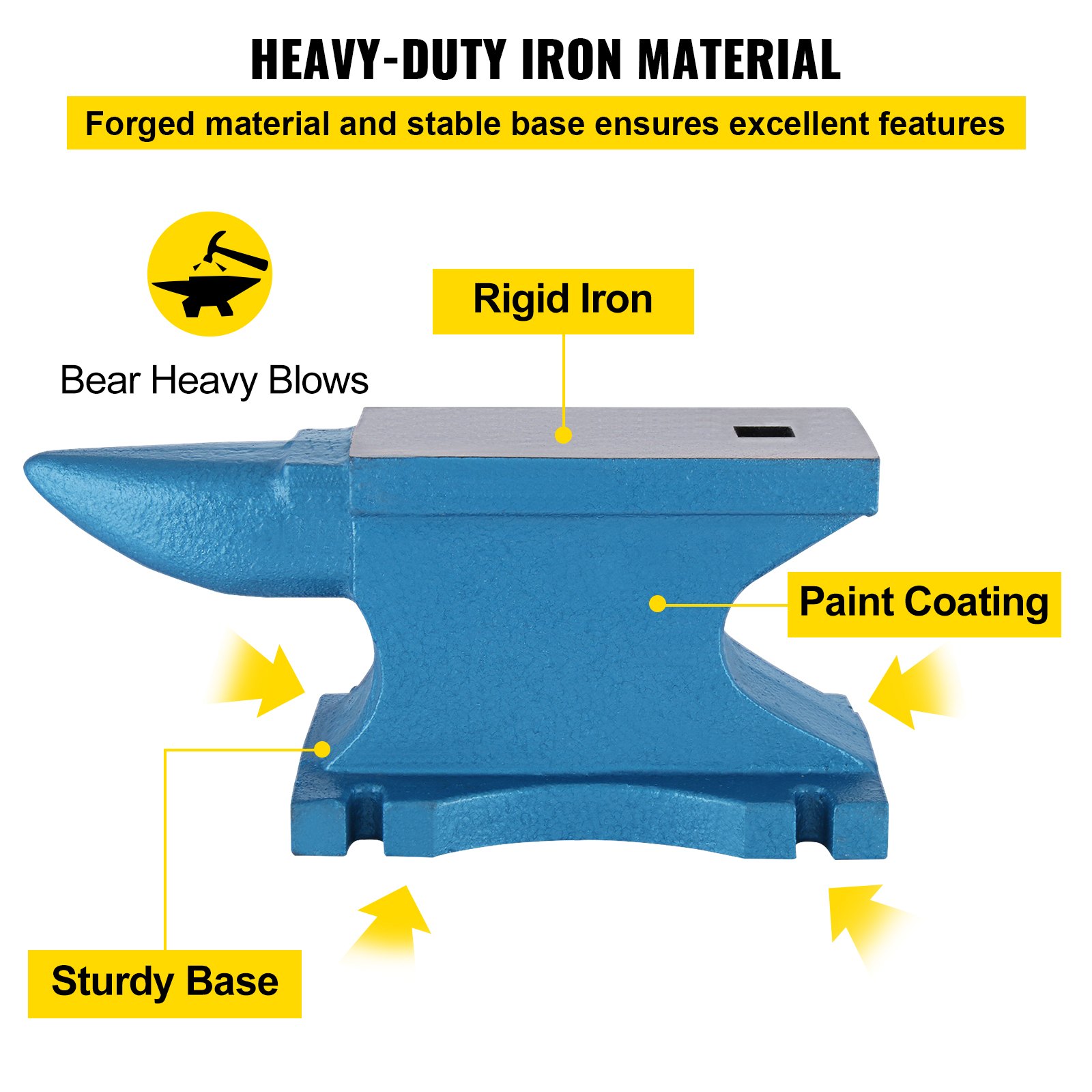 VEVOR single horn anvil with sturdy base, rigid iron, and paint coating.