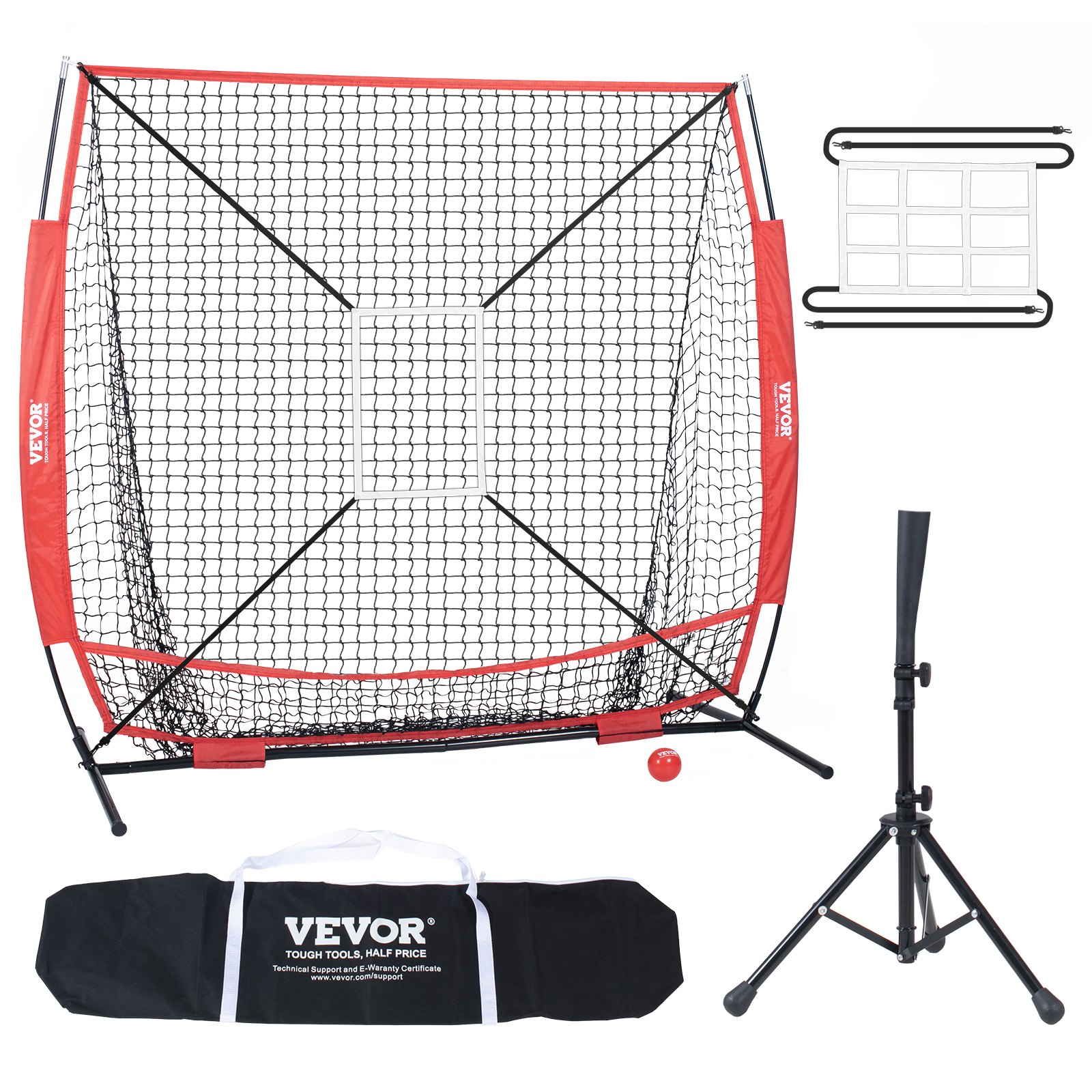 VEVOR 5x5 Baseball Softball Practice Net, Portable Baseball Training Net for Hitting Batting Catching Pitching, Backstop Baseball Equipment with Bow Frame, Carry Bag, Strike Zone, Ball, Batting Tee