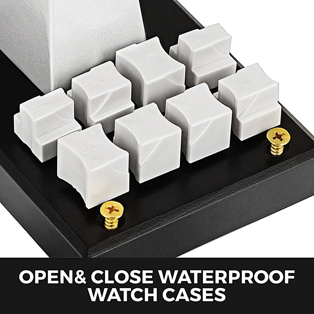 VEVOR watch opener with various white watch case opener dies on a black base.