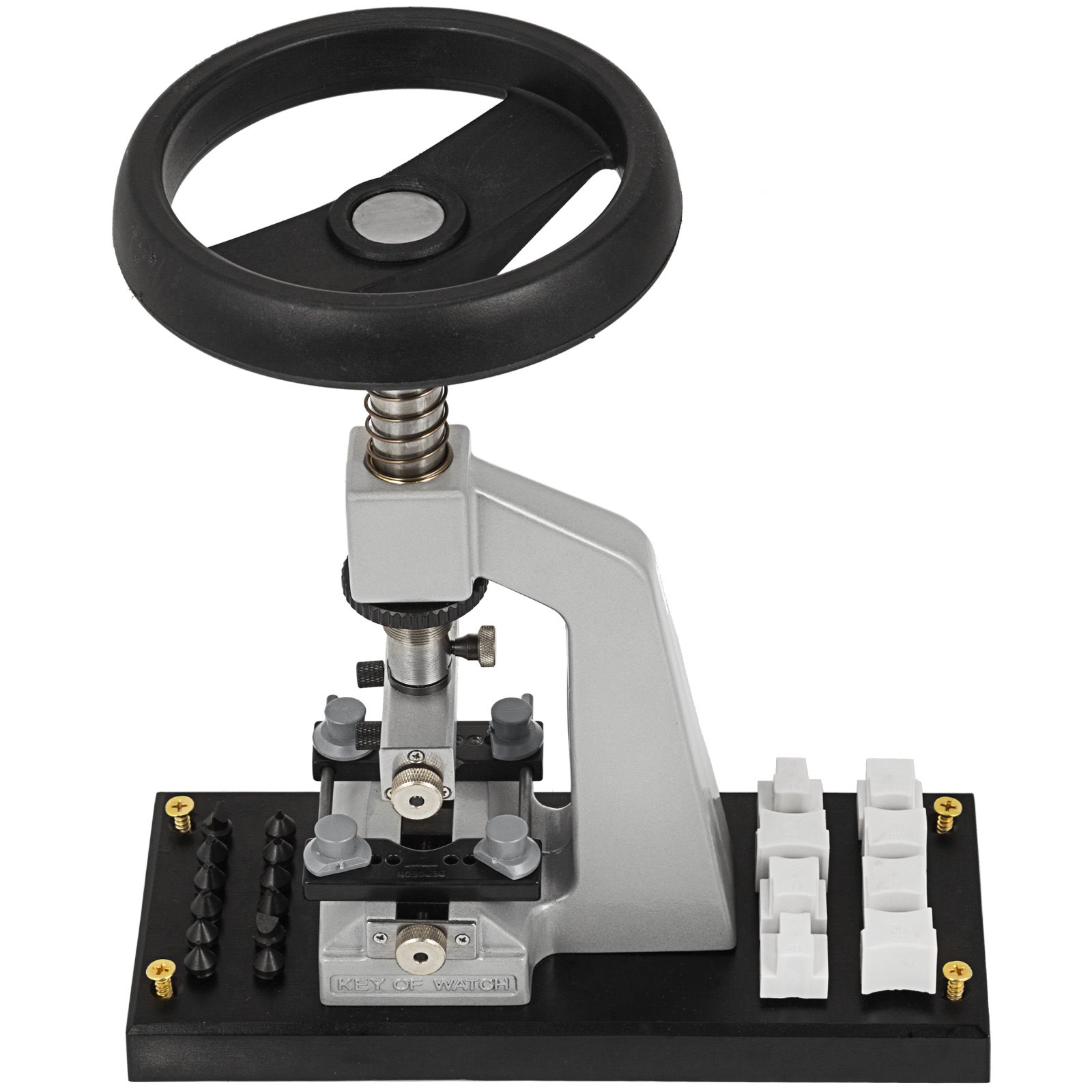 VEVOR watch opener with adjustable press, black base, and accessory holders.