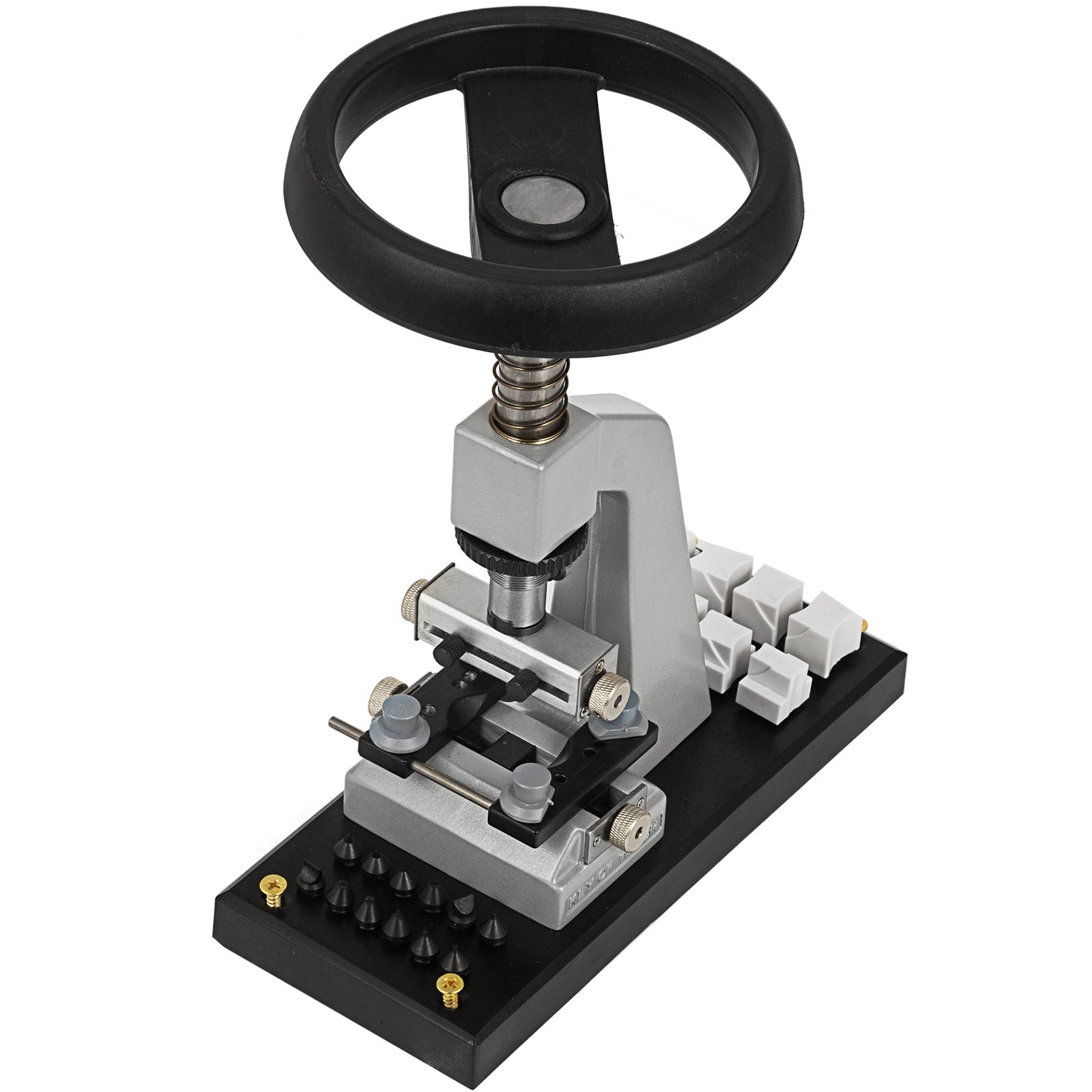 VEVOR watch opener with adjustable clamp and black base, including additional tools.