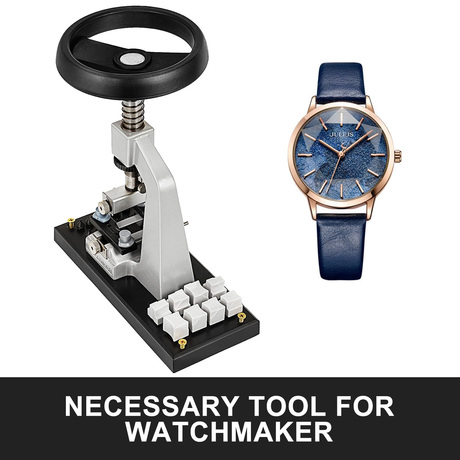 VEVOR watch opener with lever alongside a wristwatch, necessary tool for watchmaker.