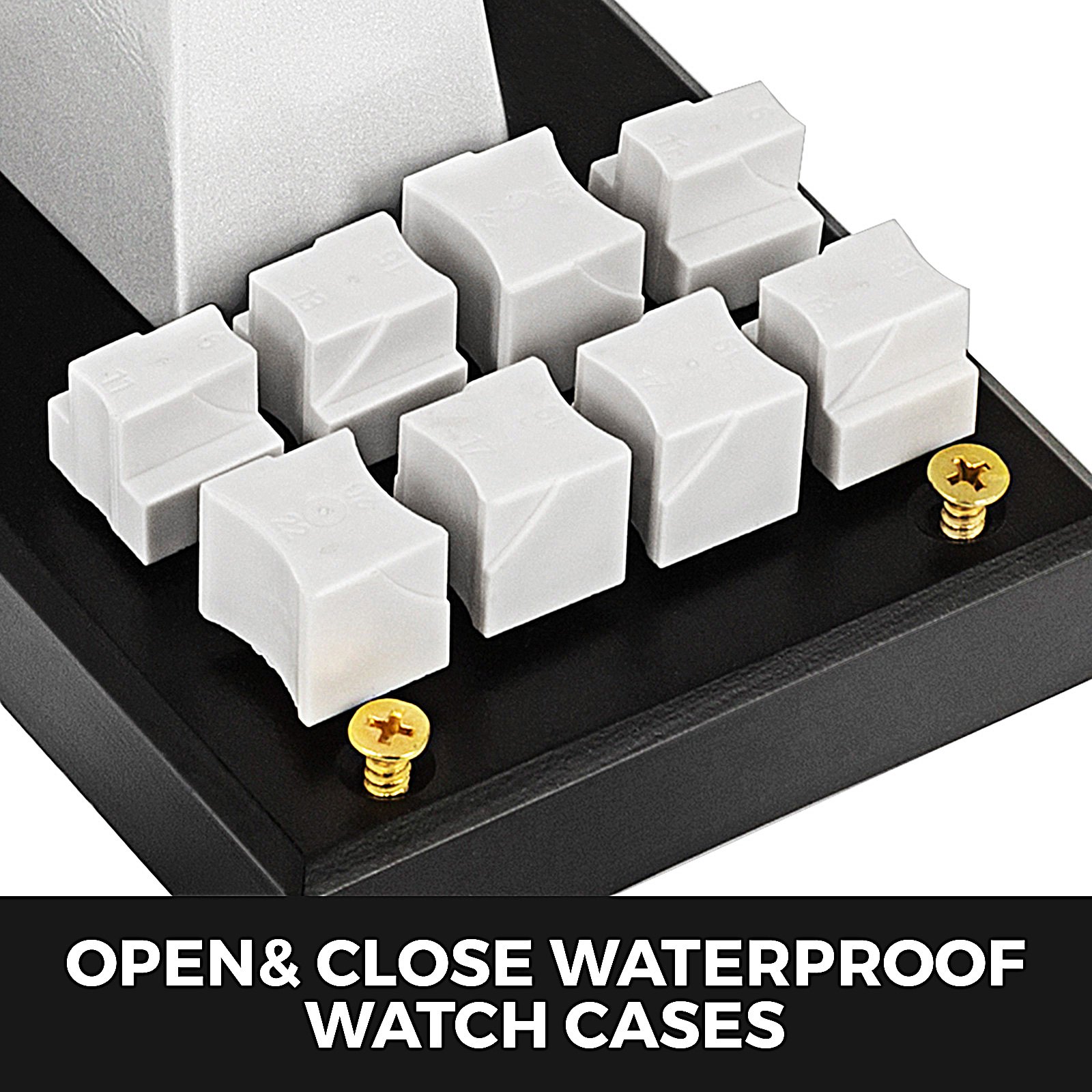 VEVOR watch opener with various white watch case opener dies on a black base.