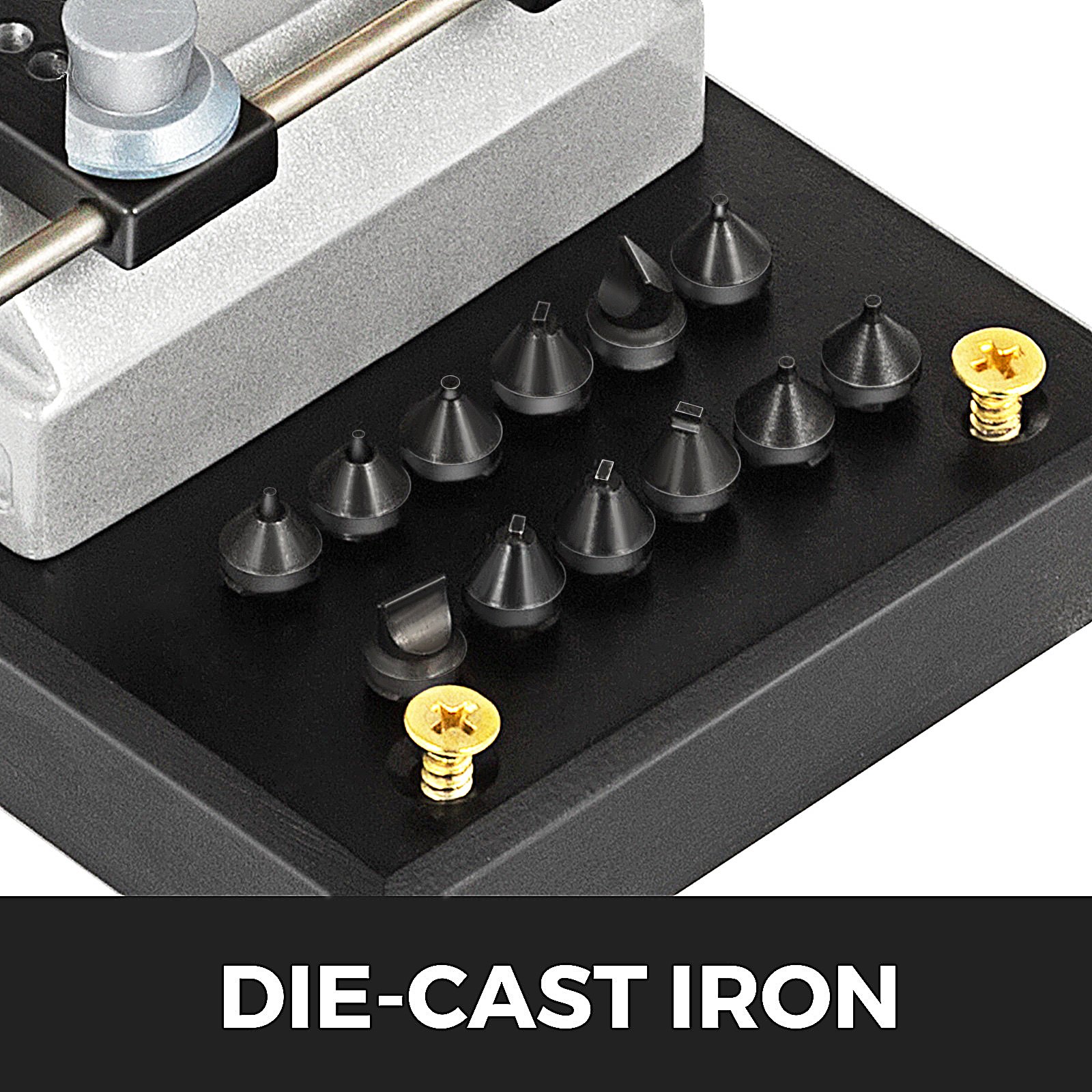 VEVOR watch opener in die-cast iron with various tool bits on a black base.