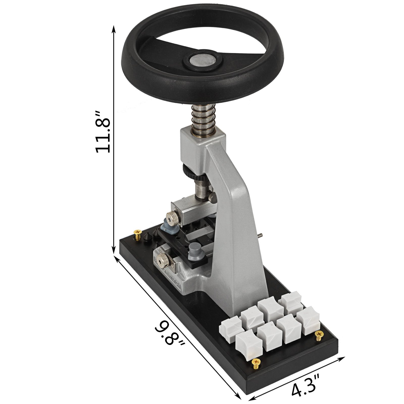 VEVOR watch opener with adjustable wheel and base, dimensions 11.8x9.8x4.3 inches.