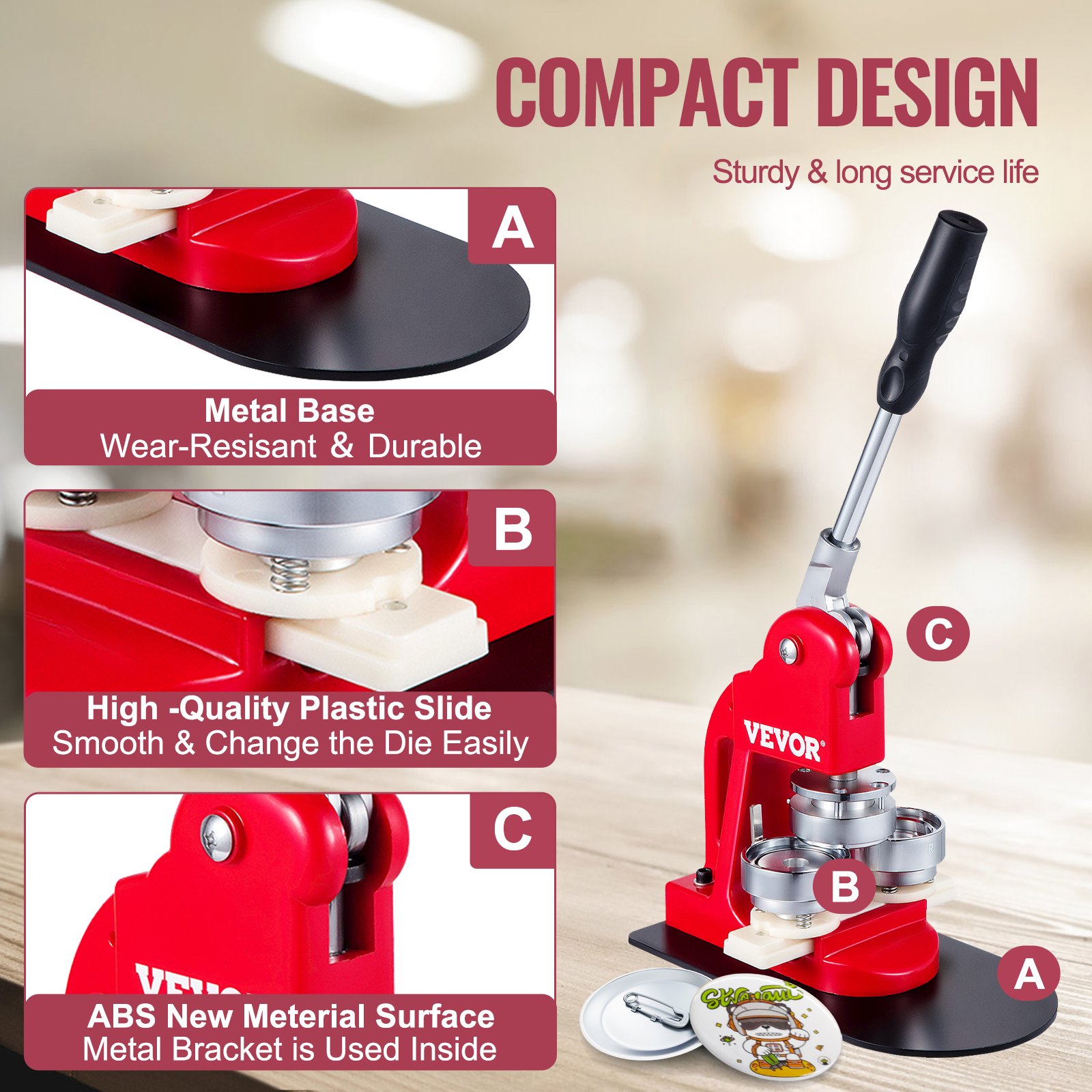 VEVOR button maker with compact design, durable metal base, and smooth plastic slide.