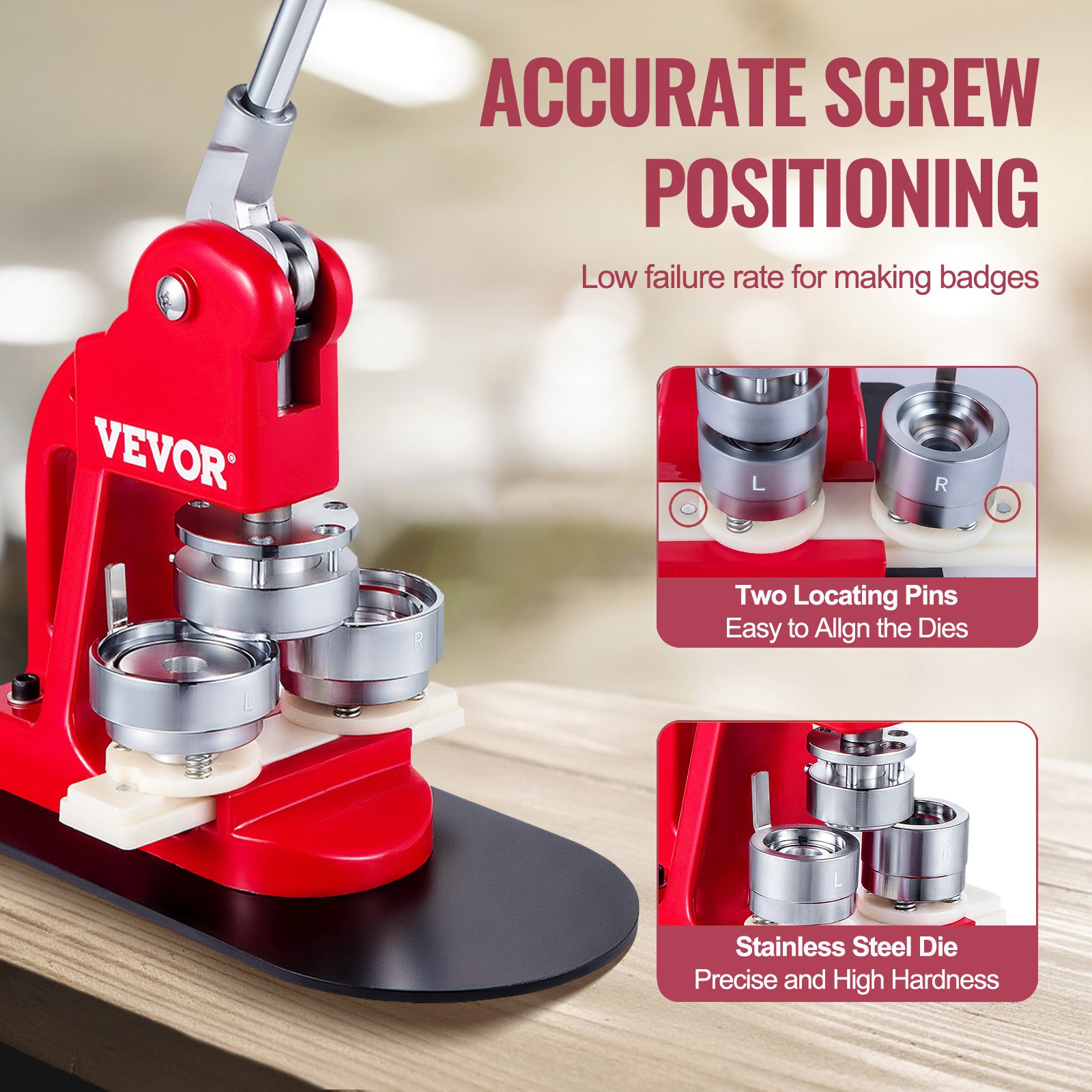 VEVOR button maker with precise stainless steel dies and accurate screw positioning.