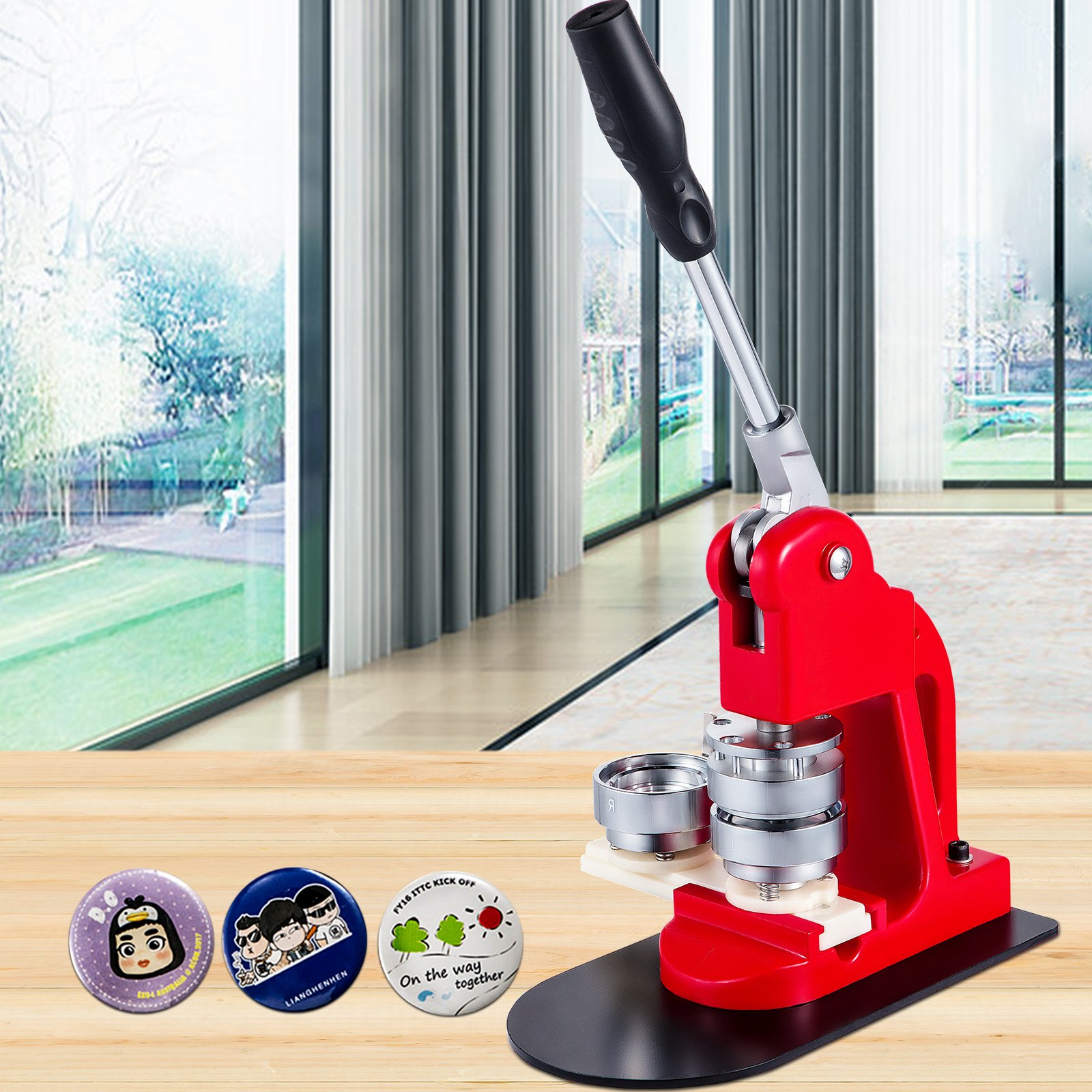 VEVOR button maker with lever handle on a table, featuring completed buttons.