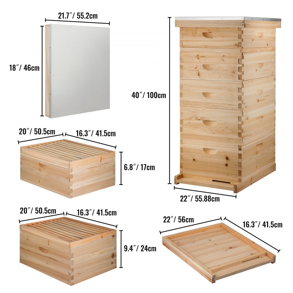 VEVOR 5 Boxes 10-Frame Bee Hive 1 Deep and 4 Medium Box Beehive Frames Langstroth Beehive Box Kit Frames Not Included