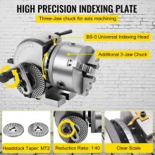 VEVOR BS-0 Precision Dividing Head, Horizontal Dividing Head with 3-Jaw Chuck, MT2 Tailstock BS-0 5" Semi Universal Dividing Head for Milling Machine Mill Gear Cutting
