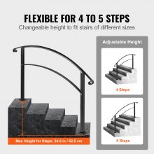 VEVOR Handrails for Outdoor Steps, Fit 1 or 5 Steps Outdoor Stair Railing, Black Wrought Iron Handrail, Flexible Front Porch Hand Rail, Transitional Handrails for Concrete Steps or Wooden Stairs