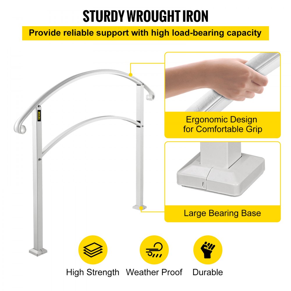 VEVOR Handrails for Outdoor Steps, Fit 1 or 5 Steps Outdoor Stair Railing, White Wrought Iron Handrail, Flexible Front Porch Hand Rail, Transitional Handrails for Concrete Steps or Wooden Stairs