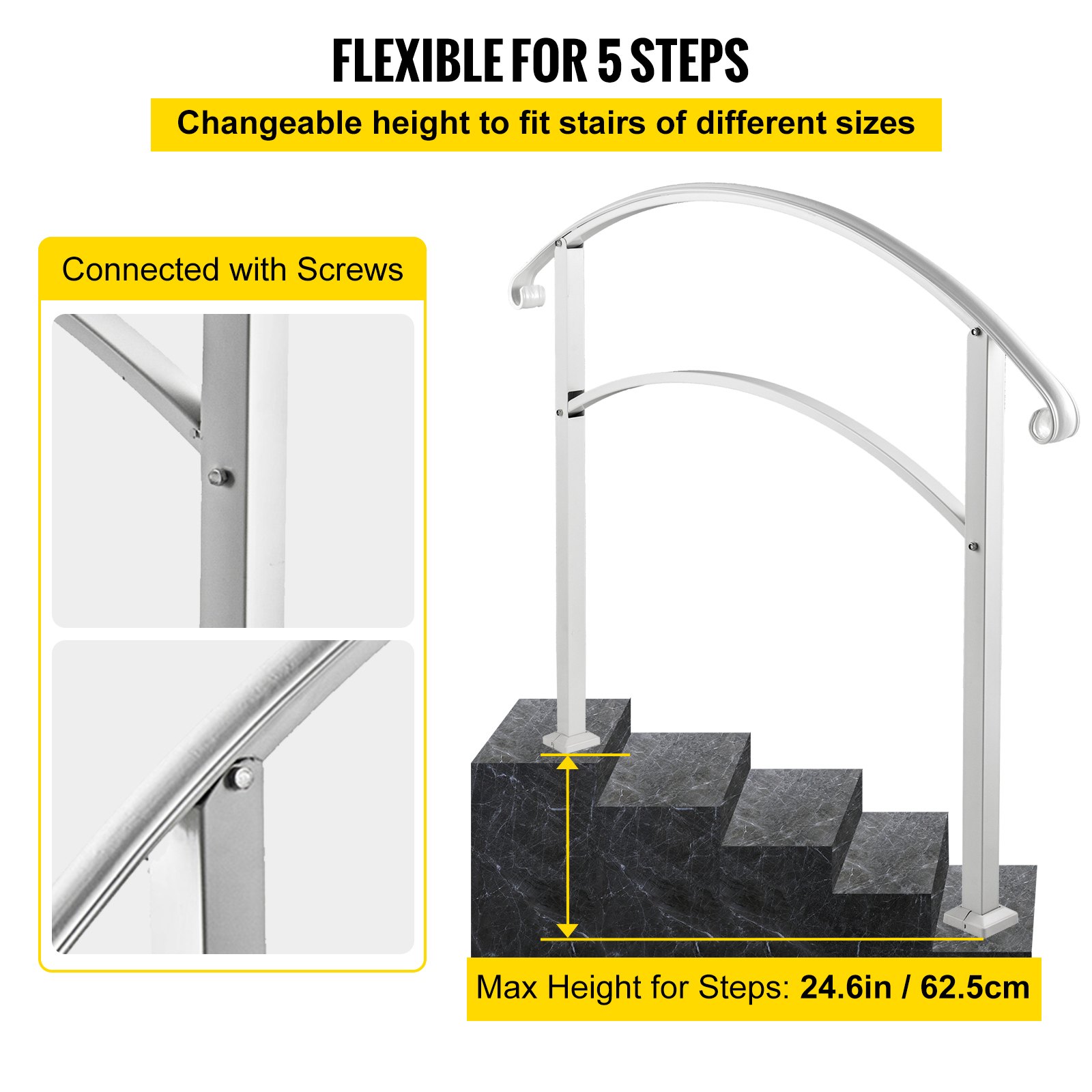 VEVOR 5FT Adjustable Wrought Iron Handrail Fits 5 Steps Outdoor Steps/Stairs