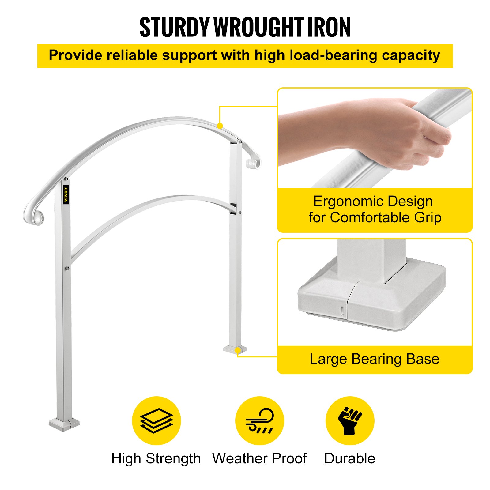 VEVOR 5FT Adjustable Wrought Iron Handrail Fits 5 Steps Outdoor Steps/Stairs