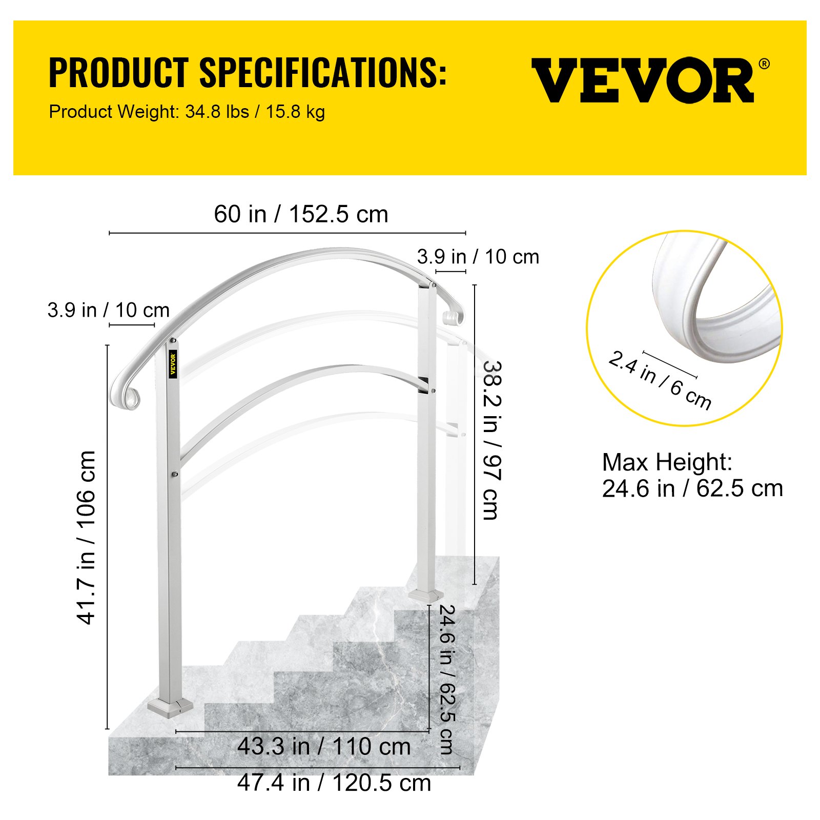 VEVOR 5FT Adjustable Wrought Iron Handrail Fits 5 Steps Outdoor Steps/Stairs
