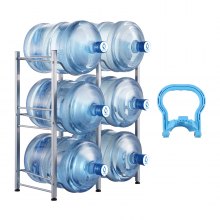 VEVOR 3 Tiers Water Jug Holder Double Row Water Bottle Rack for 6 Bottles Silver, Heavy Duty Water Dispenser Rack with 6 Slots for Gallon Jugs, Detachable Water Storage Shelf Organizer for Home Living Room Office