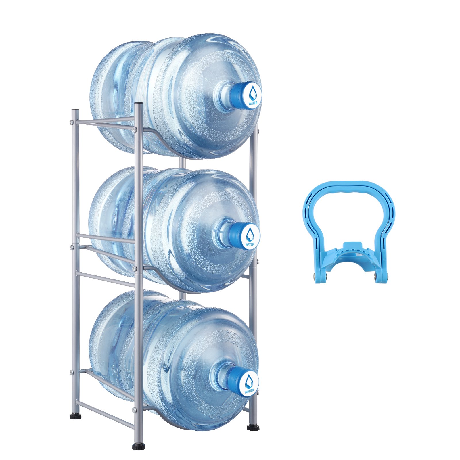 VEVOR 3 Tiers Water Jug Holder, 5 Gallon Water Bottle Holder, Single Row Water Bottle Rack for 3 Bottles, Heavy Duty Water Jug Rack for Kitchen, Office, Living Room, Silver
