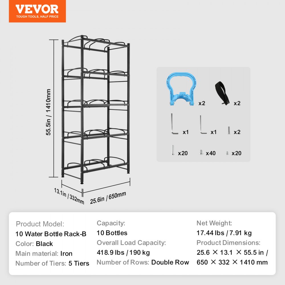 VEVOR 5 Tiers Water Jug Holder, 5 Gallon Water Bottle Holder, Double Row Water Bottle Rack for 10 Bottles, Heavy Duty Water Jug Rack for Kitchen, Office, Living Room, Black
