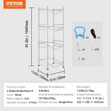 VEVOR 4 Tiers Water Jug Holder Single Row Water Bottle Rack for 4 Bottles Silver, Heavy Duty Water Dispenser Rack with 4 Slots for Gallon Jugs, Detachable Water Storage Shelf Organizer for Home Living Room Office