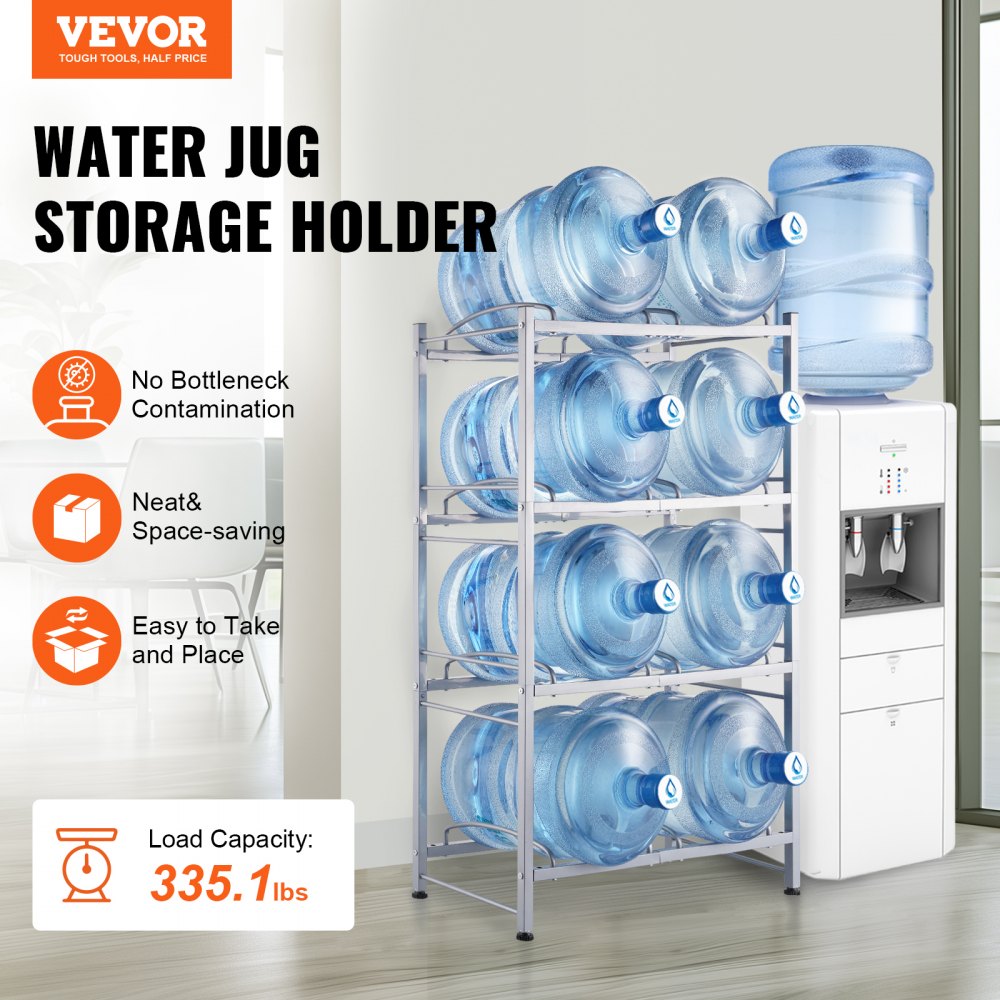 VEVOR 4 Tiers Water Jug Holder, 5 Gallon Water Bottle Holder, Double Row Water Bottle Rack for 8 Bottles, Heavy Duty Water Jug Rack for Kitchen, Office, Living Room, Silver