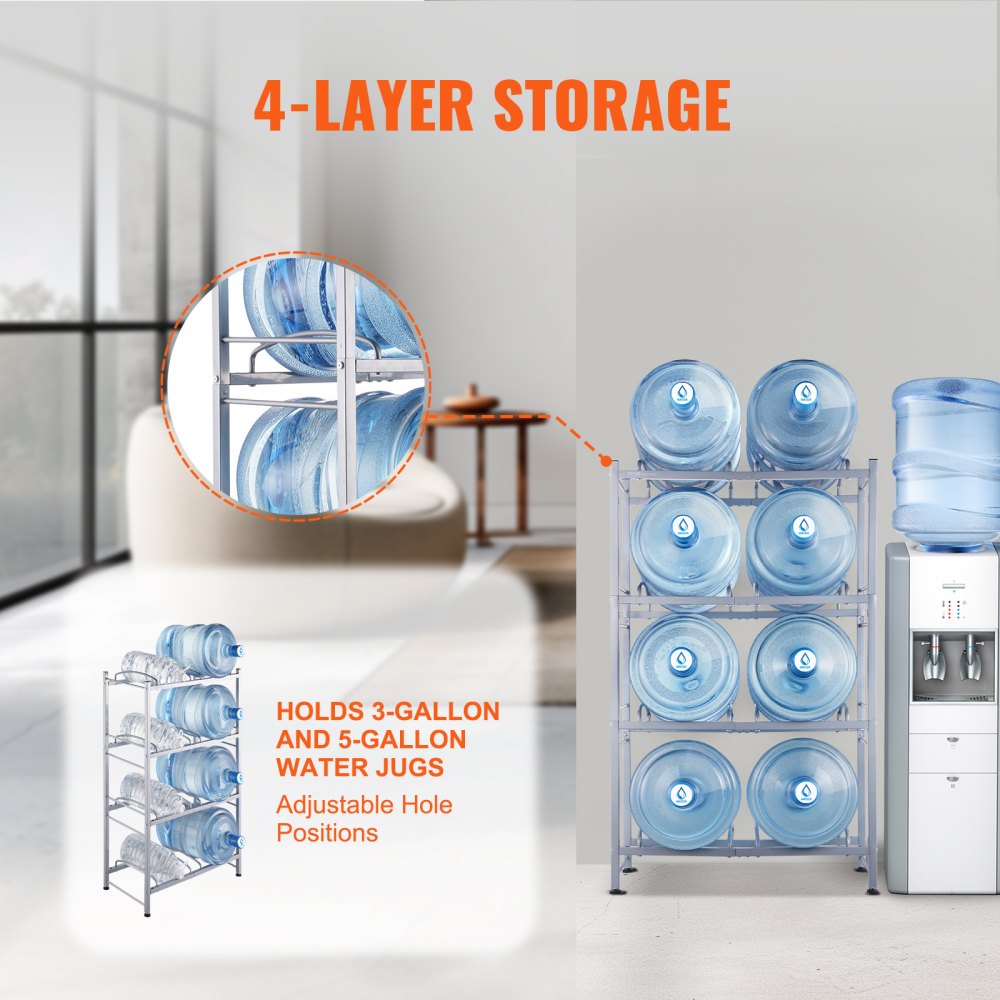 VEVOR 4 Tiers Water Jug Holder, 5 Gallon Water Bottle Holder, Double Row Water Bottle Rack for 8 Bottles, Heavy Duty Water Jug Rack for Kitchen, Office, Living Room, Silver