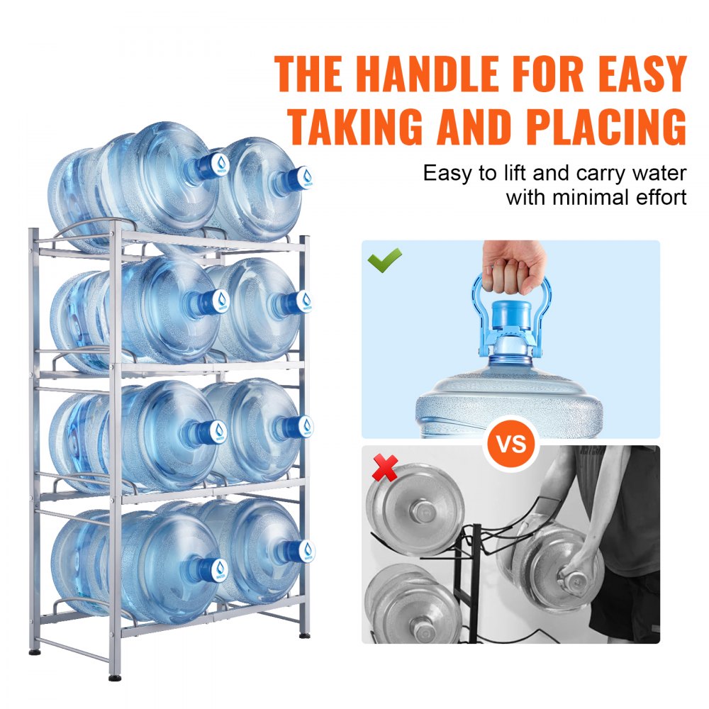 VEVOR 4 Tiers Water Jug Holder, 5 Gallon Water Bottle Holder, Double Row Water Bottle Rack for 8 Bottles, Heavy Duty Water Jug Rack for Kitchen, Office, Living Room, Silver