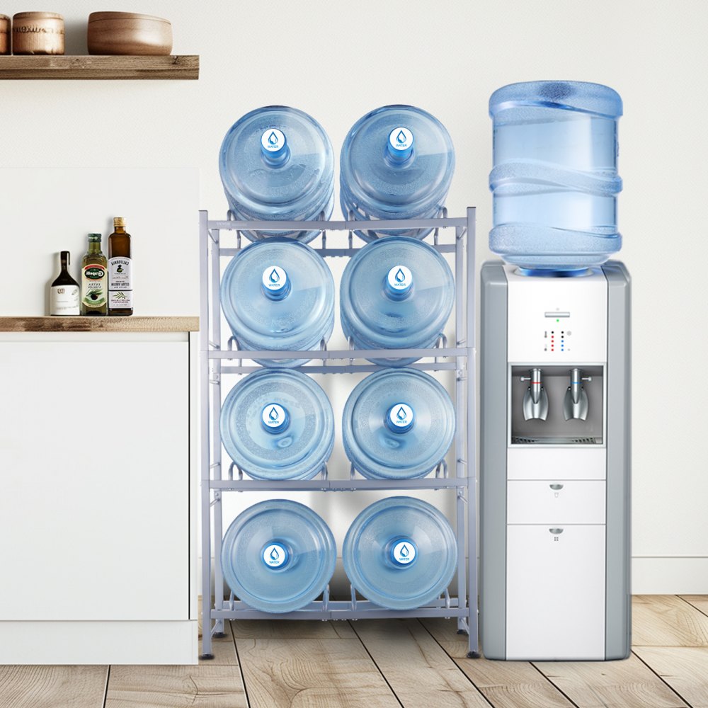 VEVOR 4 Tiers Water Jug Holder, 5 Gallon Water Bottle Holder, Double Row Water Bottle Rack for 8 Bottles, Heavy Duty Water Jug Rack for Kitchen, Office, Living Room, Silver