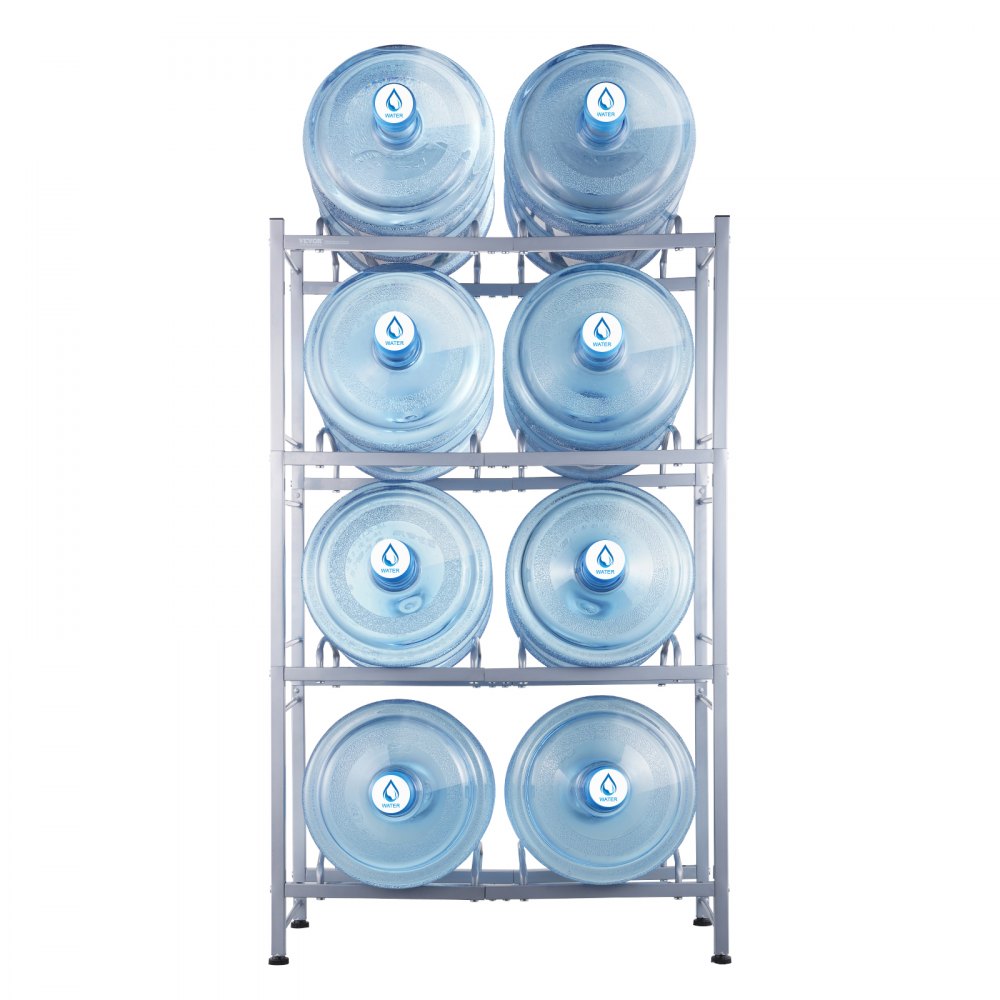 VEVOR 4 Tiers Water Jug Holder, 5 Gallon Water Bottle Holder, Double Row Water Bottle Rack for 8 Bottles, Heavy Duty Water Jug Rack for Kitchen, Office, Living Room, Silver