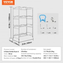 VEVOR 4 Tiers Water Jug Holder Double Row Water Bottle Rack for 8 Bottles Storage Detachable Heavy Duty Water Jug Organizer Stand for Home Office Kitchen Silver, Detachable Water Storage Shelf Organizer for Home Living Room Office