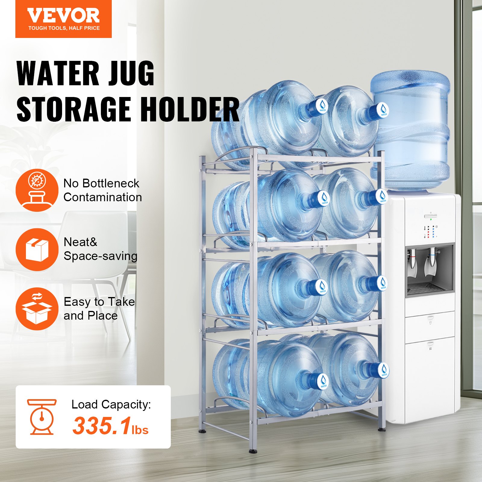 VEVOR 4 Tiers Water Jug Holder, 5 Gallon Water Bottle Holder, Double Row Water Bottle Rack for 8 Bottles, Heavy Duty Water Jug Rack for Kitchen, Office, Living Room, Silver