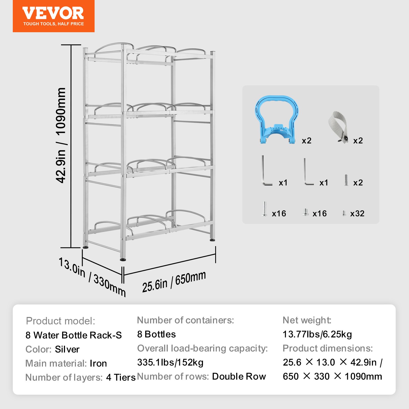 VEVOR 4 Tiers Water Jug Holder, 5 Gallon Water Bottle Holder, Double Row Water Bottle Rack for 8 Bottles, Heavy Duty Water Jug Rack for Kitchen, Office, Living Room, Silver