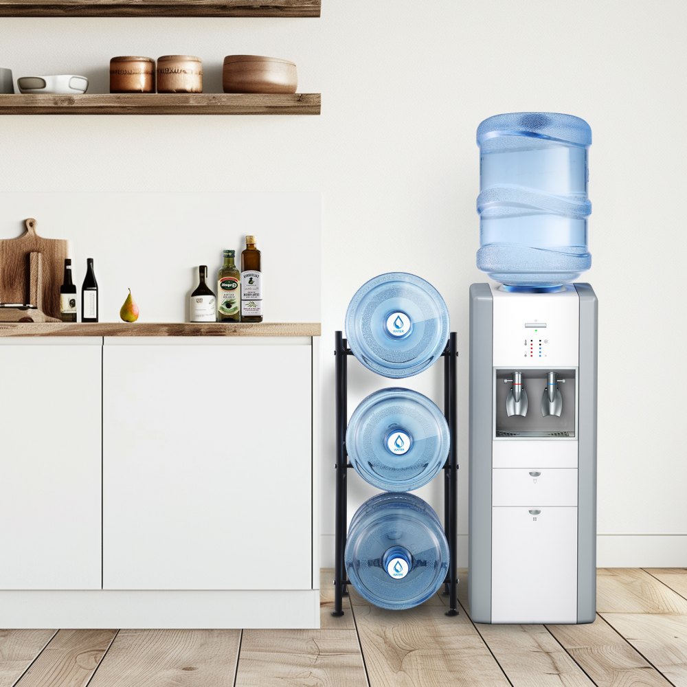 VEVOR 3 Tiers Water Jug Holder, 5 Gallon Water Bottle Holder, Single Row Water Bottle Rack for 3 Bottles, Heavy Duty Water Jug Rack for Kitchen, Office, Living Room, Black