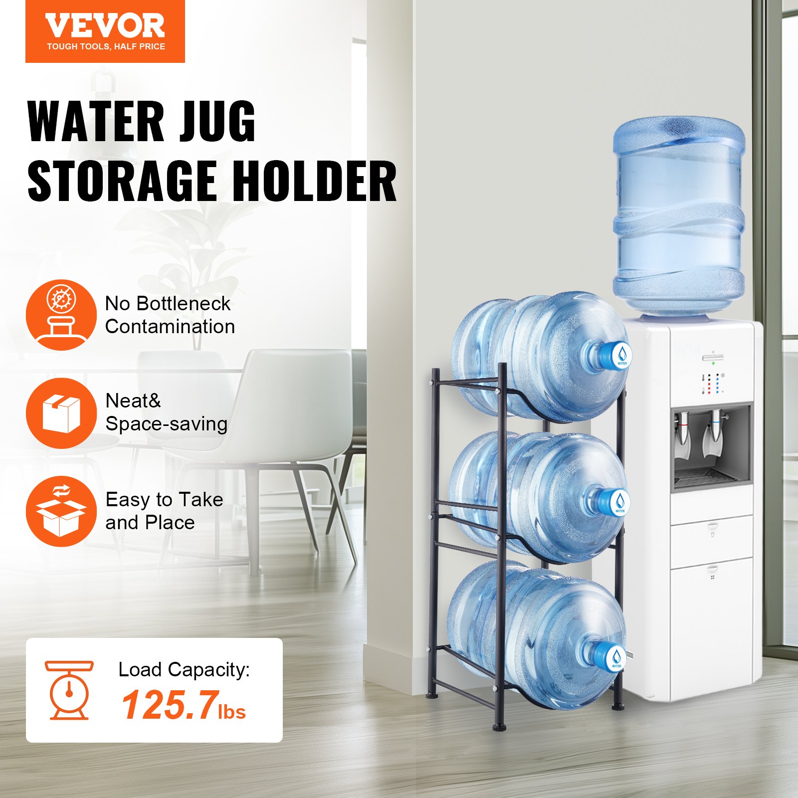 VEVOR 3 Tiers Water Jug Holder, 5 Gallon Water Bottle Holder, Single Row Water Bottle Rack for 3 Bottles, Heavy Duty Water Jug Rack for Kitchen, Office, Living Room, Black