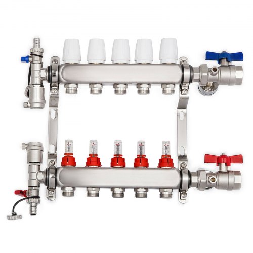 VEVOR Radiant Floor Manifold 5 Loop Radiant Floor Heating Set 5 Branch Radiant Floor Heating Kit 1/2inch PEX Tubing for Heat Stainless Steel (5-Loop)