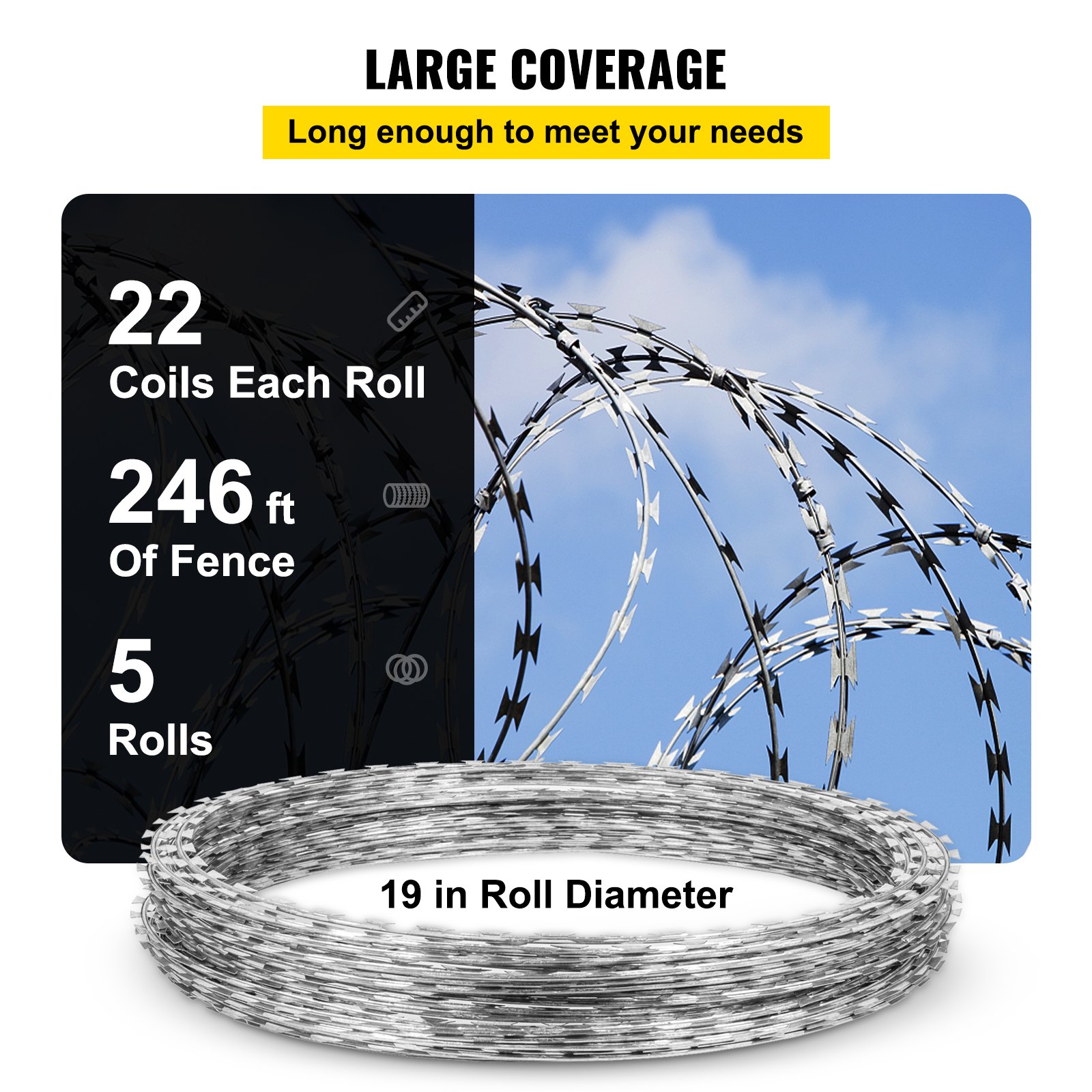 VEVOR Razor Wires, 246ft Razor Barbed Wire 5 Coils Per Roll, Razor Wire Fencing Razor Fence, Razor Ribbon Barbed Wire Galvanized Steel Razor Wire Fence, Rolls Razor Useful Protection for Garden