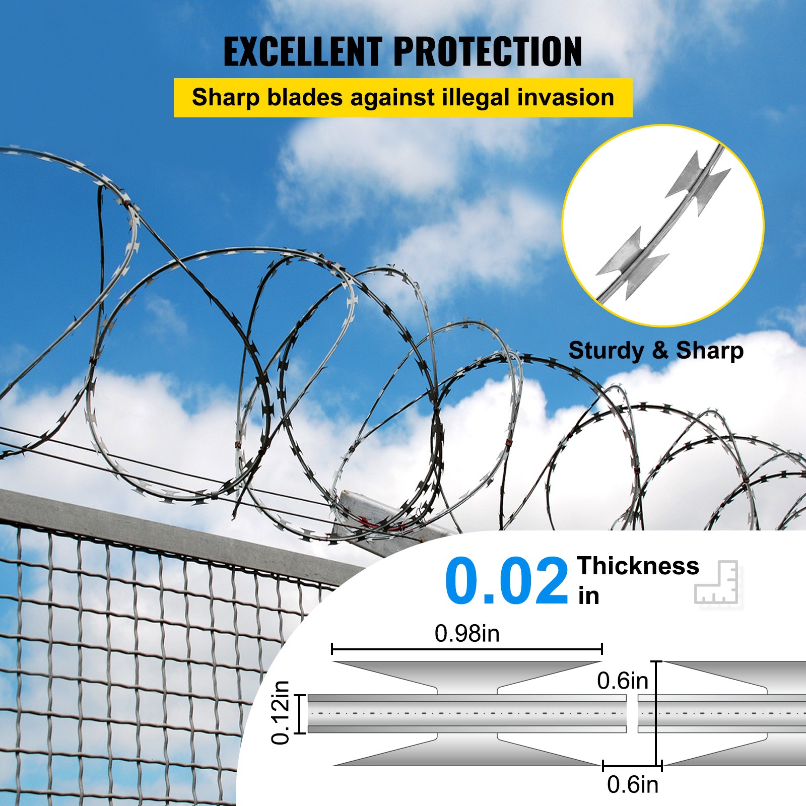 VEVOR Razor Wires, 246ft Razor Barbed Wire 5 Coils Per Roll, Razor Wire Fencing Razor Fence, Razor Ribbon Barbed Wire Galvanized Steel Razor Wire Fence, Rolls Razor Useful Protection for Garden