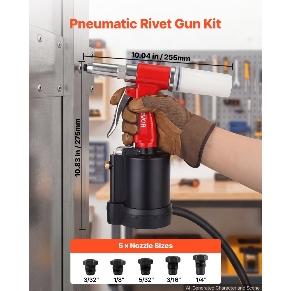 VEVOR Pneumatic Rivet Gun Kit with 3/32" 1/8" 5/32" 3/16" 1/4" Nosepieces, 3924 LBS Pulling Force, 3-Claw Secure Grip, Air Pop Riveter Tool for Automotive, Construction, Industrial Manufacturing