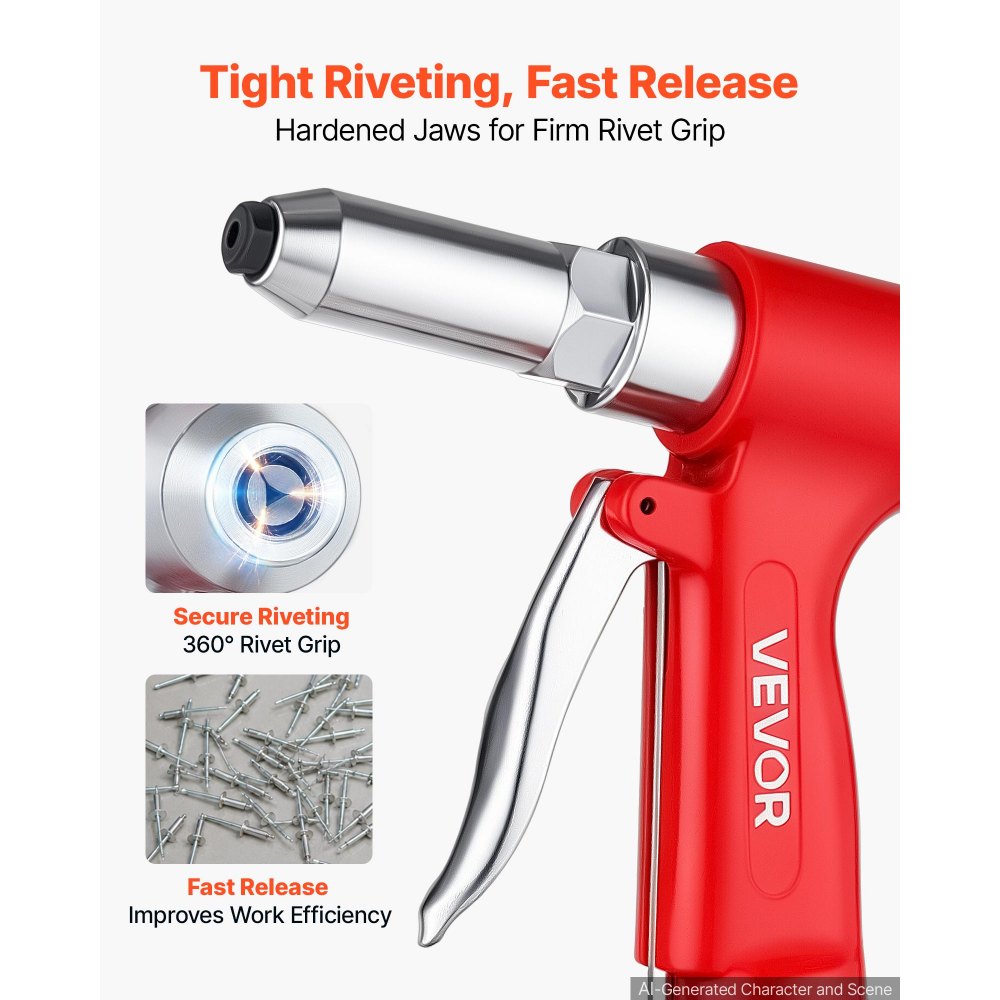 VEVOR Pneumatic Rivet Gun Kit with 3/32" 1/8" 5/32" 3/16" 1/4" Nosepieces, 3924 LBS Pulling Force, 3-Claw Secure Grip, Air Pop Riveter Tool for Automotive, Construction, Industrial Manufacturing