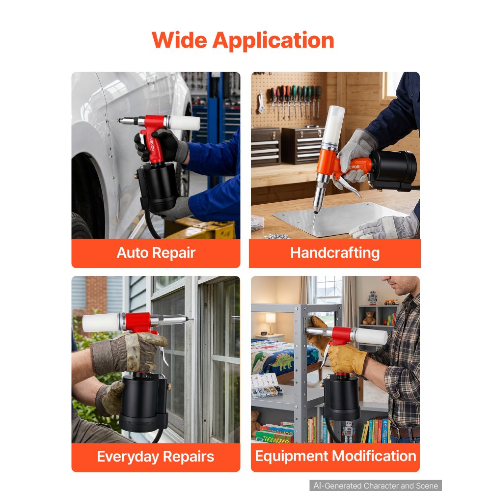 VEVOR Pneumatic Rivet Gun Kit with 3/32" 1/8" 5/32" 3/16" 1/4" Nosepieces, 3924 LBS Pulling Force, 3-Claw Secure Grip, Air Pop Riveter Tool for Automotive, Construction, Industrial Manufacturing